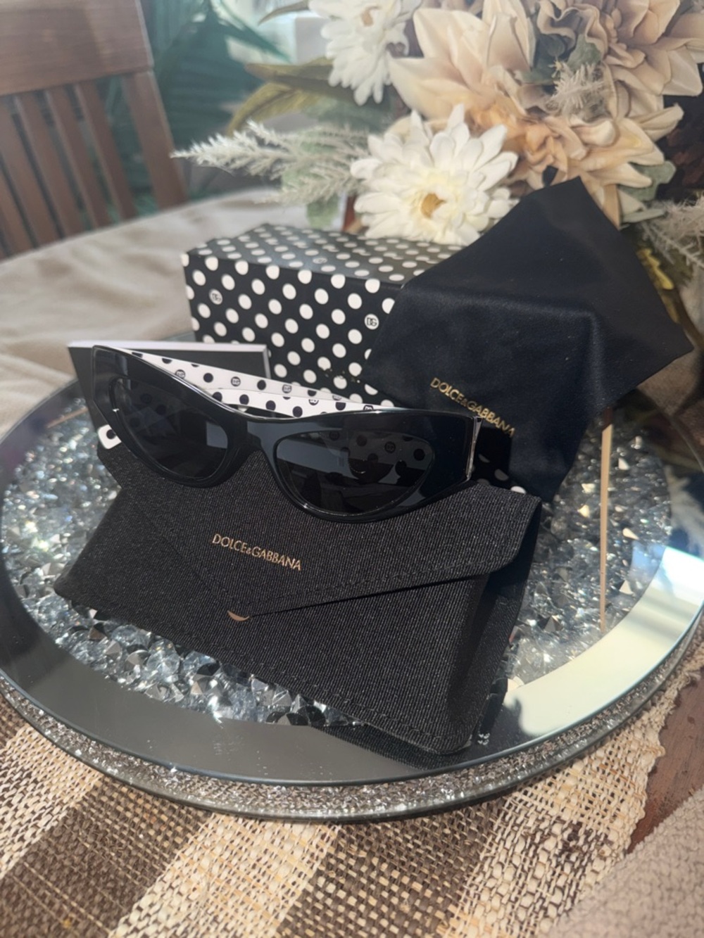 Dolce & Gabbana Black Cat-Eye Sunglasses with Polka Dot Interior